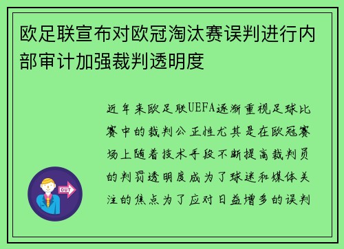 欧足联宣布对欧冠淘汰赛误判进行内部审计加强裁判透明度 欧足联宣布对欧冠淘汰赛误判进行内部审计加强裁判透明度